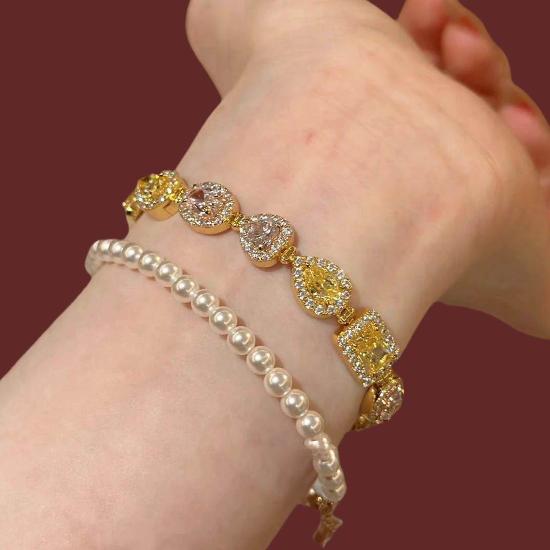 925银手链 花季糖果·黄钻拼粉钻间色彩手链·银手链