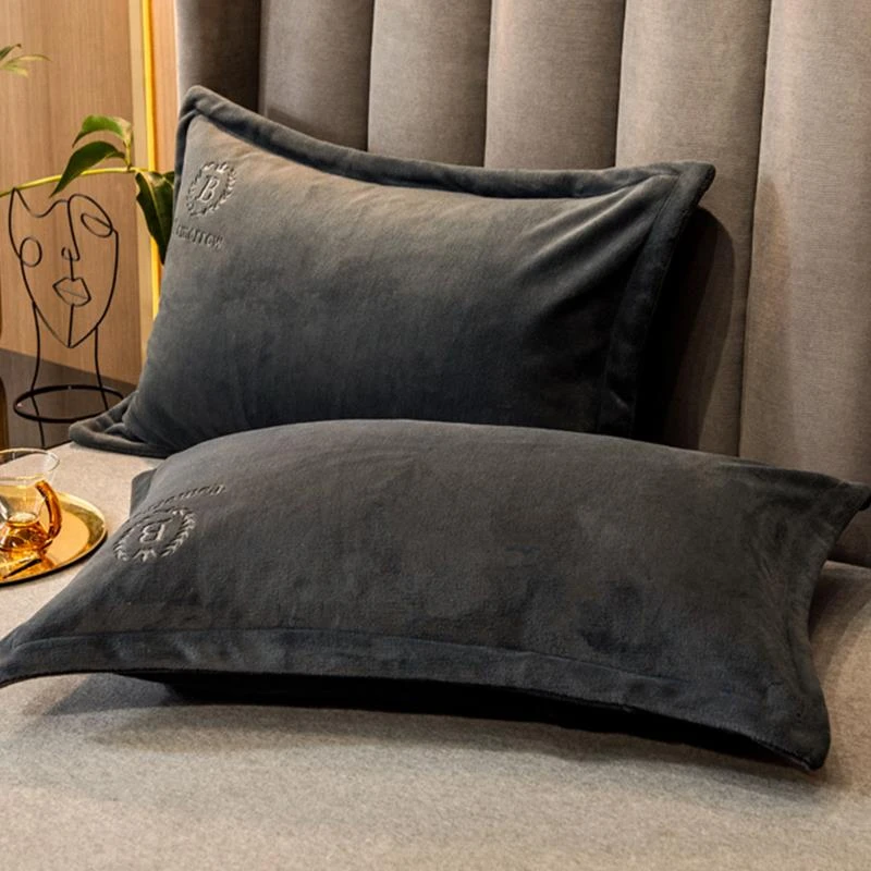 秋冬加厚纯色牛奶绒枕套一对装48x74cm男士加厚绒面法兰绒枕头套