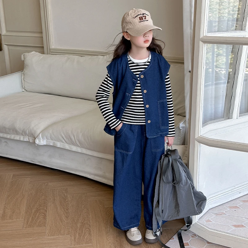 女童牛仔马甲套装2024新款春秋大童洋气时髦休闲条纹长袖三件套潮