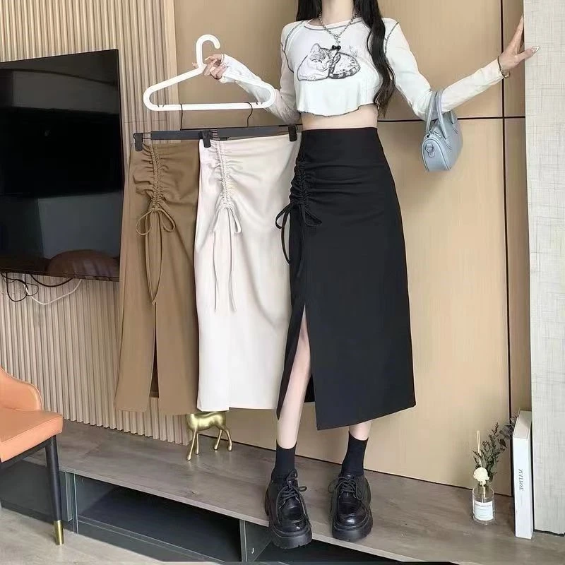 9158#中长款半身裙新款宽松显瘦高腰百搭抽绳褶皱西装面料a字裙