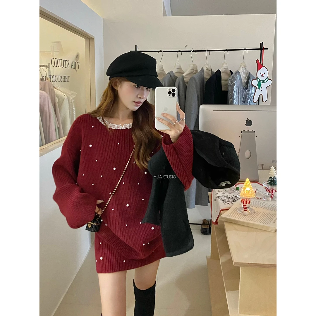 【麦麦优选】气质高级感钉珠毛衣+钉珠针织半身裙套装