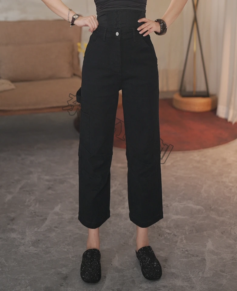 [30115]-早秋新款时尚百搭藏肉显瘦经典款休闲宽松九分黑色牛仔裤