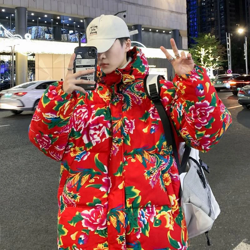 东北大花连帽加厚保暖防寒棉衣外套中国风特色棉服情侣网红棉袄