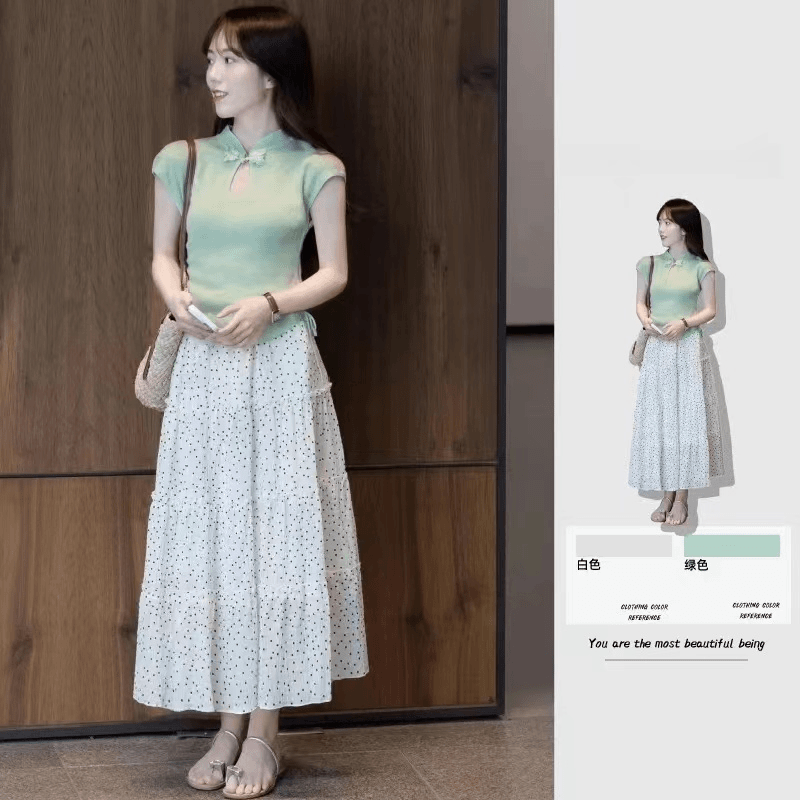 新中式国风镂空短款针织上衣搭配波点半身裙薄荷曼波绿色T恤女夏