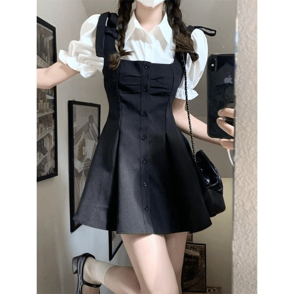 韩系学院风显瘦女春夏季2024新款泡泡袖衬衫+背带连衣裙减龄法式