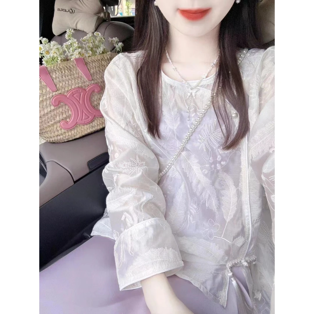 新中式上衣女国风高级感重工刺绣长袖防晒衬衫紫色吊带长裙子套装