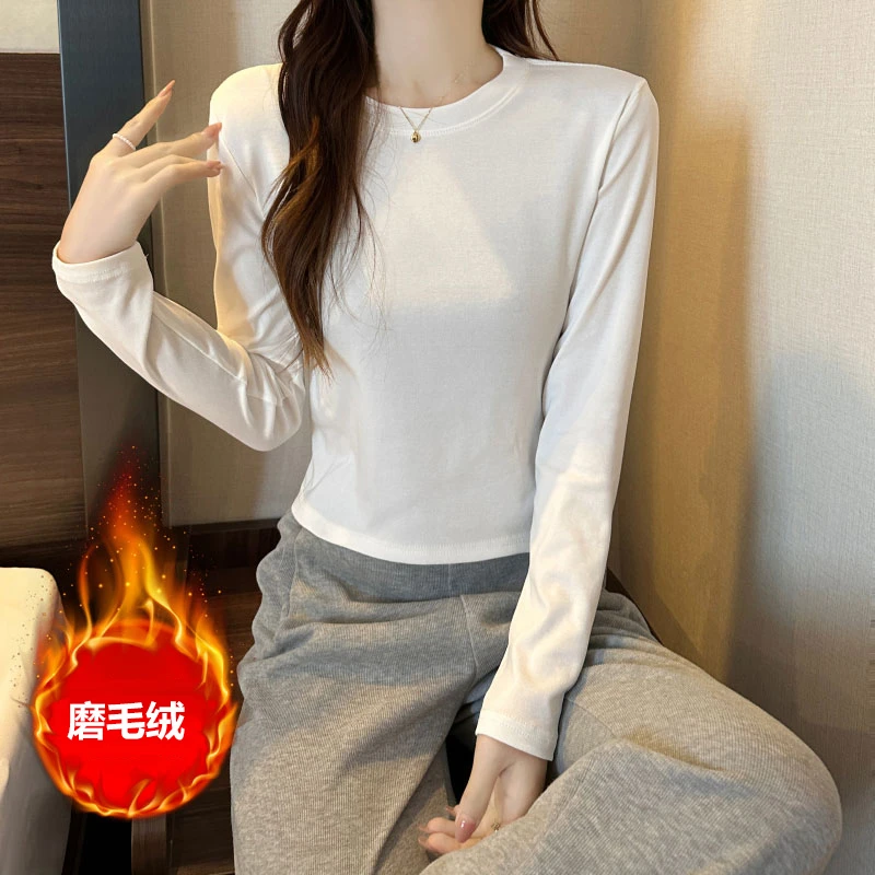 小个子洋气圆领打底衫【加绒保暖】2025秋冬季百搭长袖修身显瘦上衣