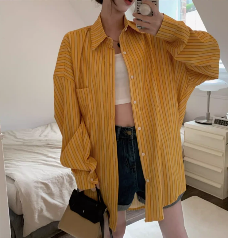 黄色条纹衬衫女夏季新款宽松大码阔型oversize薄款百搭防晒上衣潮