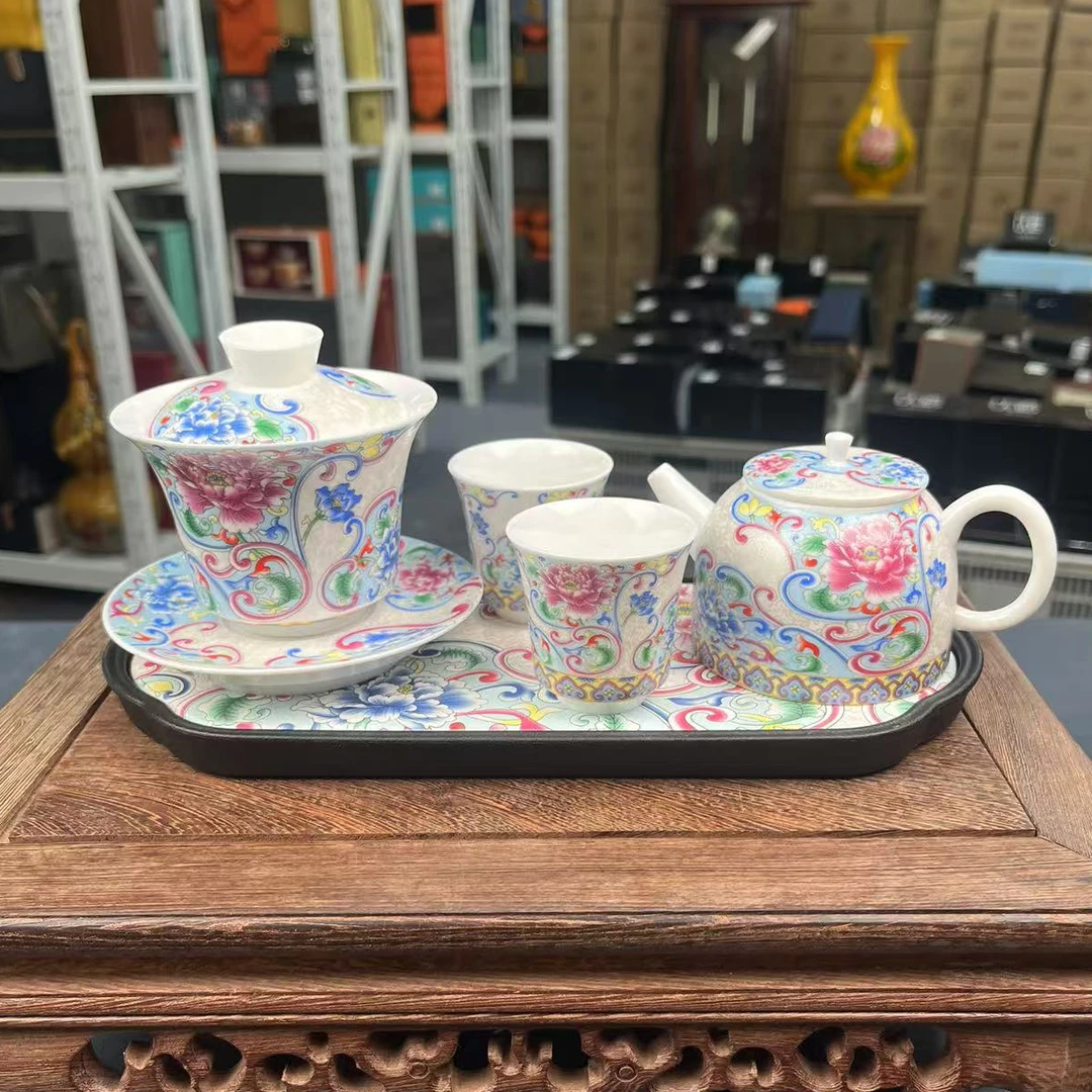 【闪购商品】掐丝三才盖碗+壶+2个品茗杯+茶盘@@ZH1967