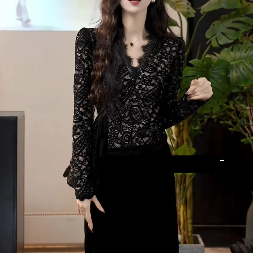 秋季春游新款百搭洋气法式气质小众黑色修身显瘦蕾丝衫T恤上衣