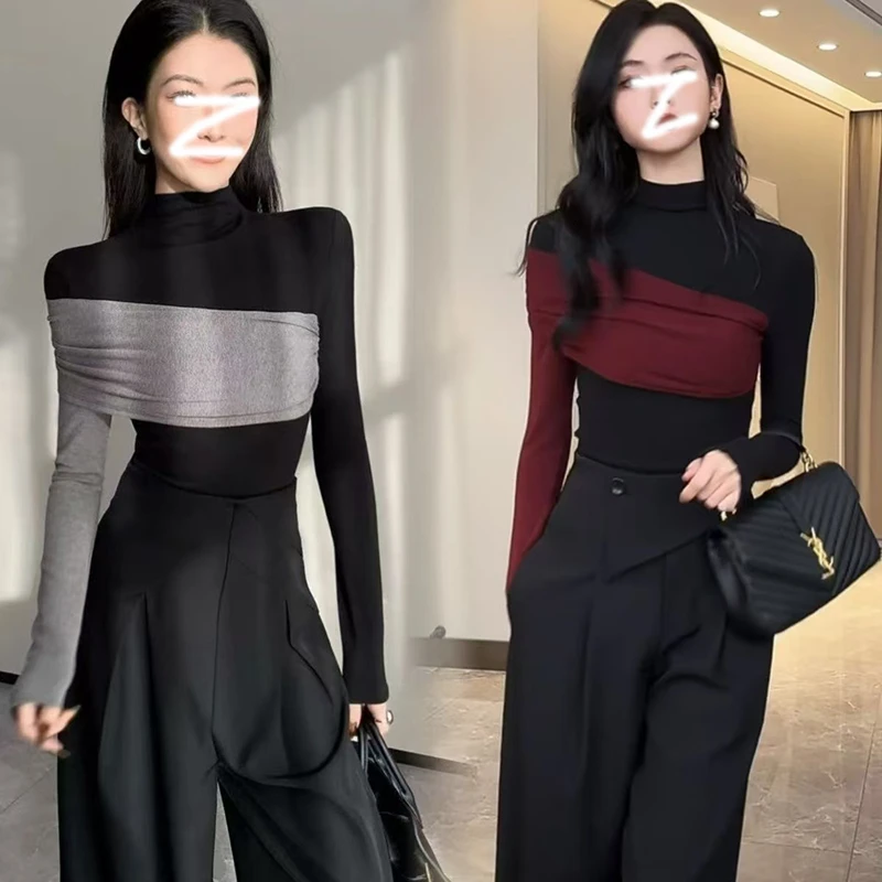 设计感秋冬新款拼接撞色洋气T恤女百搭上衣半高领时尚气质显瘦