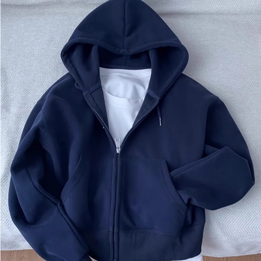 藏青色拉链卫衣男款春秋季重磅连帽开衫外套oversize美式情侣帽衫