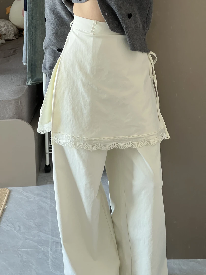 假两件蕾丝拼接直筒裤秋季高腰宽松休闲阔腿拖地长裤