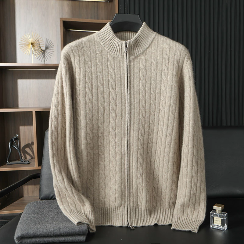 男士纯羊绒麻花加厚YKK双拉头针织外套秋冬商务休闲半高领开衫