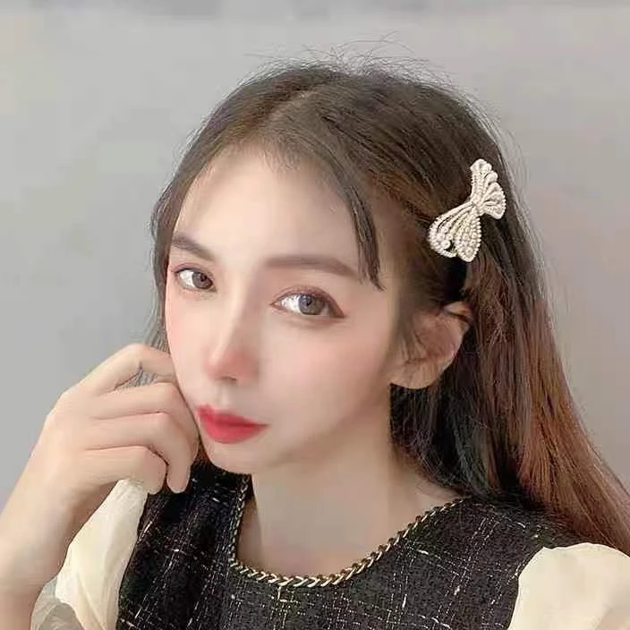 合金发饰 韩式珍珠发夹少女蝴蝶结小弹簧夹半扎发卡后脑勺顶夹