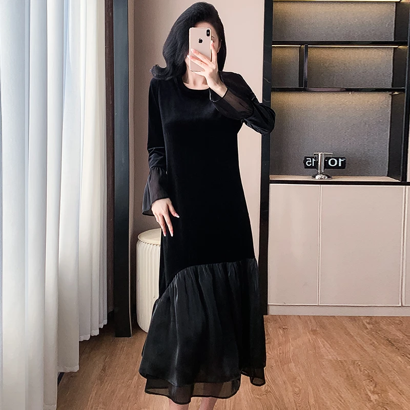 赫本风气质黑色拼接连衣裙女2024年秋冬新款大码微胖显瘦气质裙子