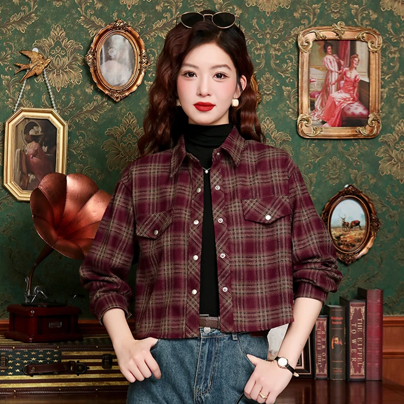 安可拉红复古磨毛格纹衬衫外套女2024年秋冬新款加绒宽松短款上衣