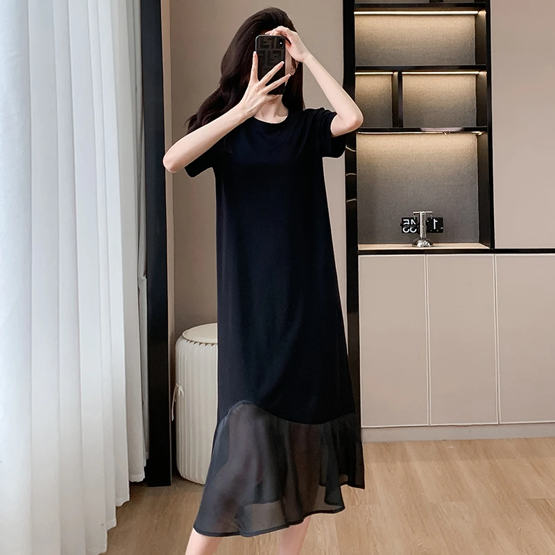 欧货高端大码宽松长款小黑裙夏季新款设计感拼接网纱鱼尾连衣裙女