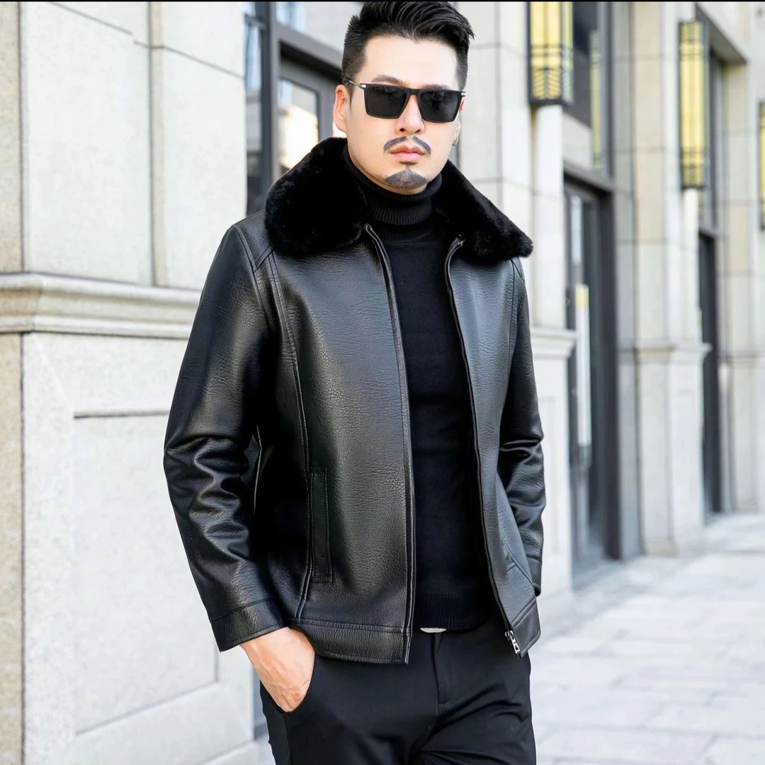 【ZK0061】男士中老年休闲爸爸加绒保暖翻领秋冬季大毛领皮衣