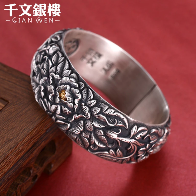 足银手镯 秋冬新款满庭芳纯手工牡丹重工雕刻传承实心宽面银手镯