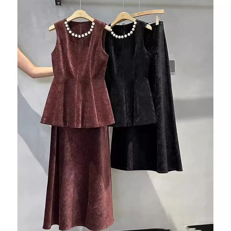 气质三件套大码名媛千金感大珍珠圆领鱼尾无袖马甲上衣配半身长裙