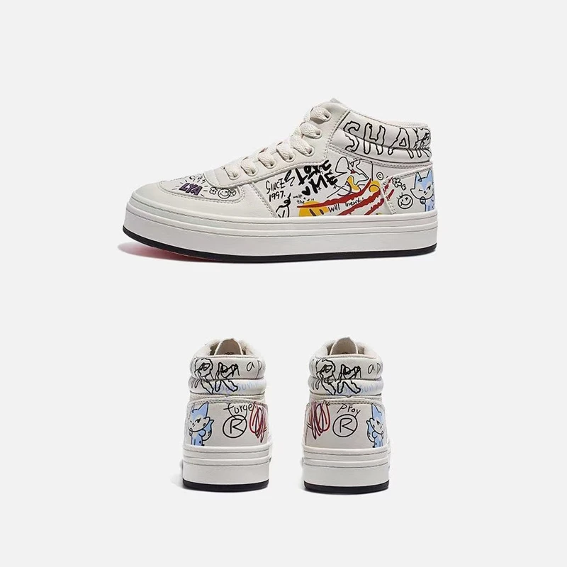 涂鸦高帮小白鞋女2025春季新款韩版潮百搭皮面休闲板鞋女ins潮流r