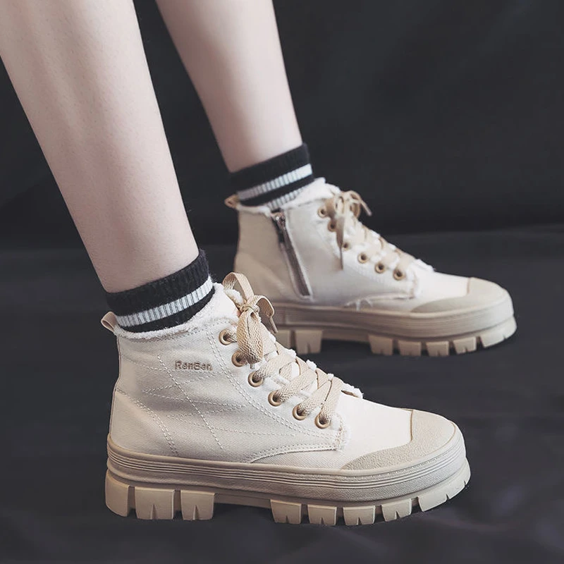 帆布马丁靴女秋冬季加绒2024年新款棉鞋女厚底增高短靴女靴子