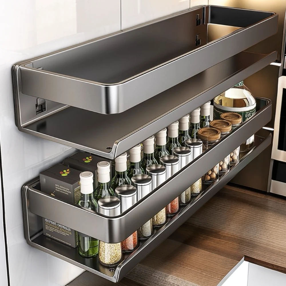 枪灰厨房置物架调料品罐多功能家用收纳架子墙上免打孔壁挂调料架