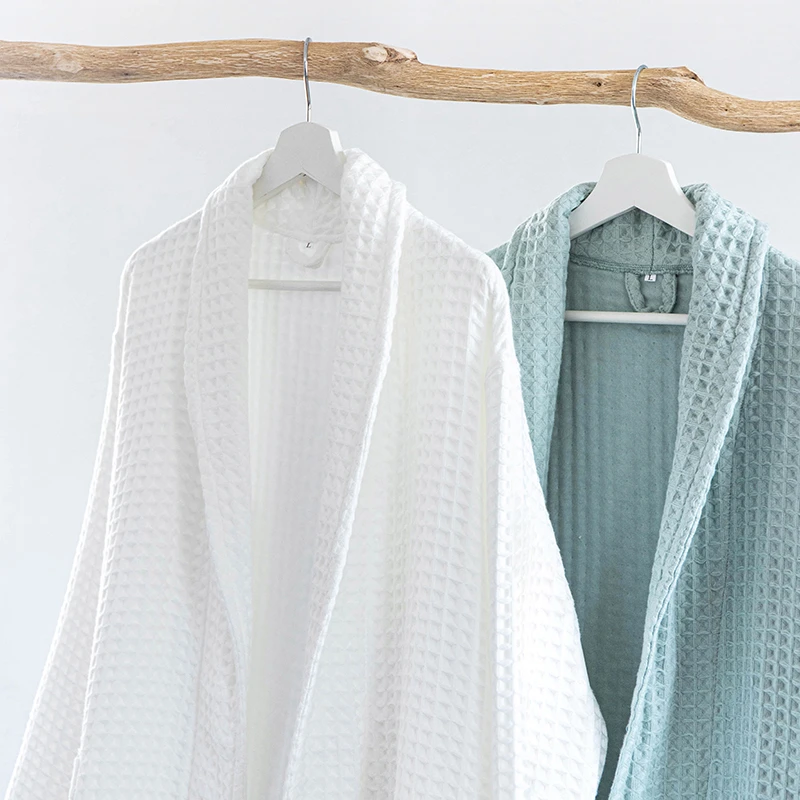 鲁素友品长款华夫格秋冬浴袍纯棉吸水男女士情侣家居服酒店浴衣