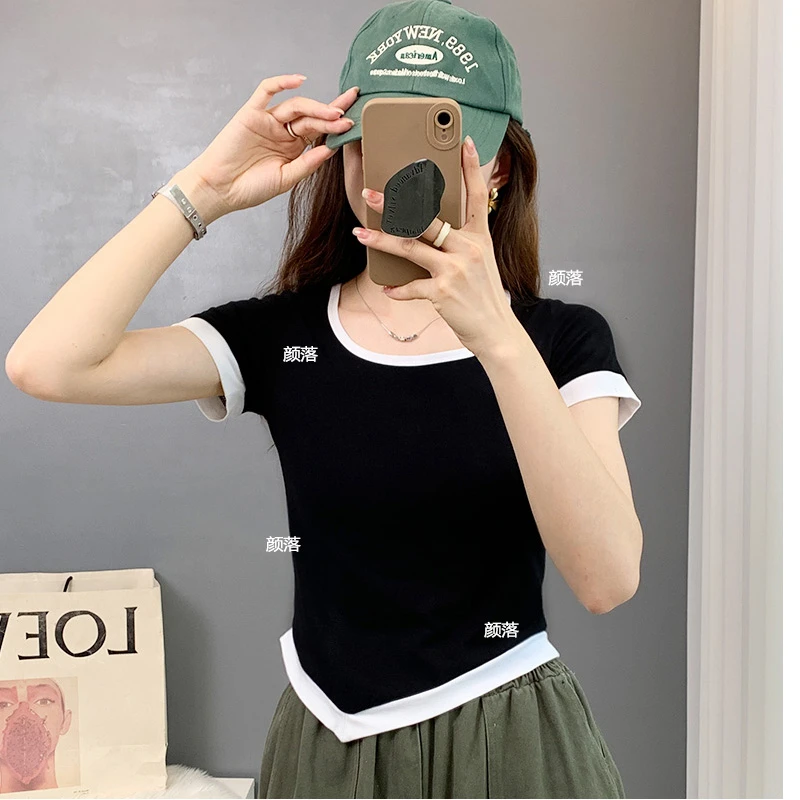 2025夏季新款短袖T恤女时尚百搭韩版不规则下摆黑白撞色上衣打底