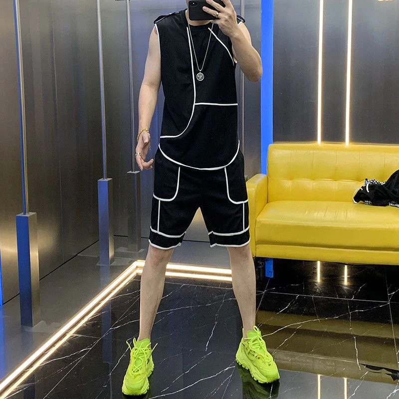 欧货2023男士夏季无袖背心套装个性线条拼接薄款修身两件套潮流男