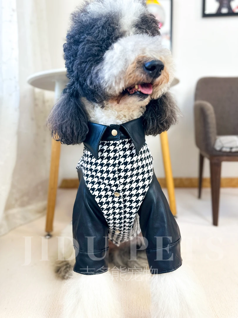 JIDUPETS/吉多熊潮狗秋冬千鸟格皮衣外套马甲大小狗巨贵秋田柴犬