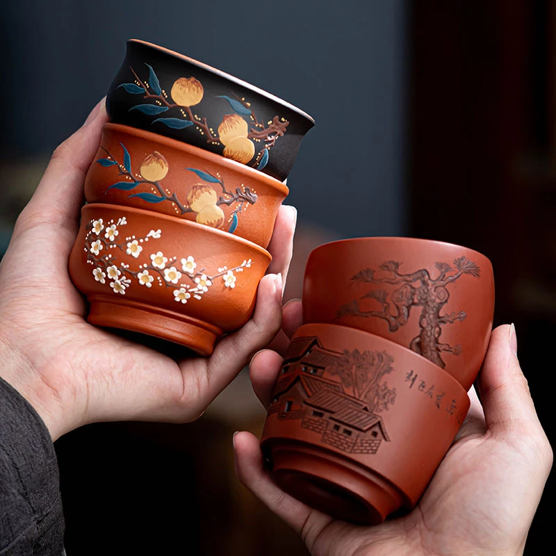宜兴原矿紫砂手工浮雕主人杯陶瓷泡茶斗笠杯复古品茗杯专用茶建盏