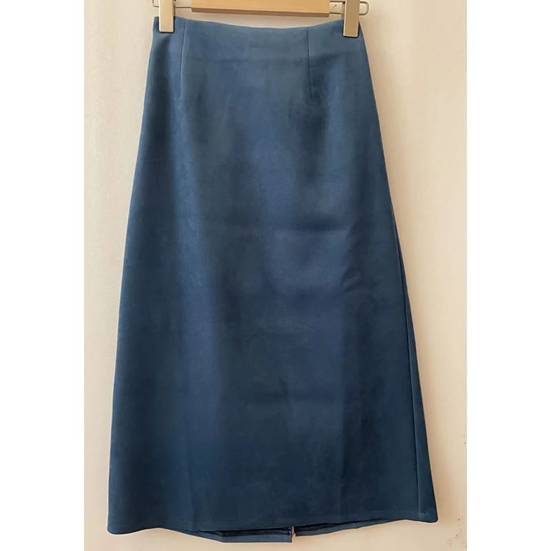浅蓝色毛呢开叉半裙韩版高腰显瘦气质中长款后腰松紧开叉半裙女