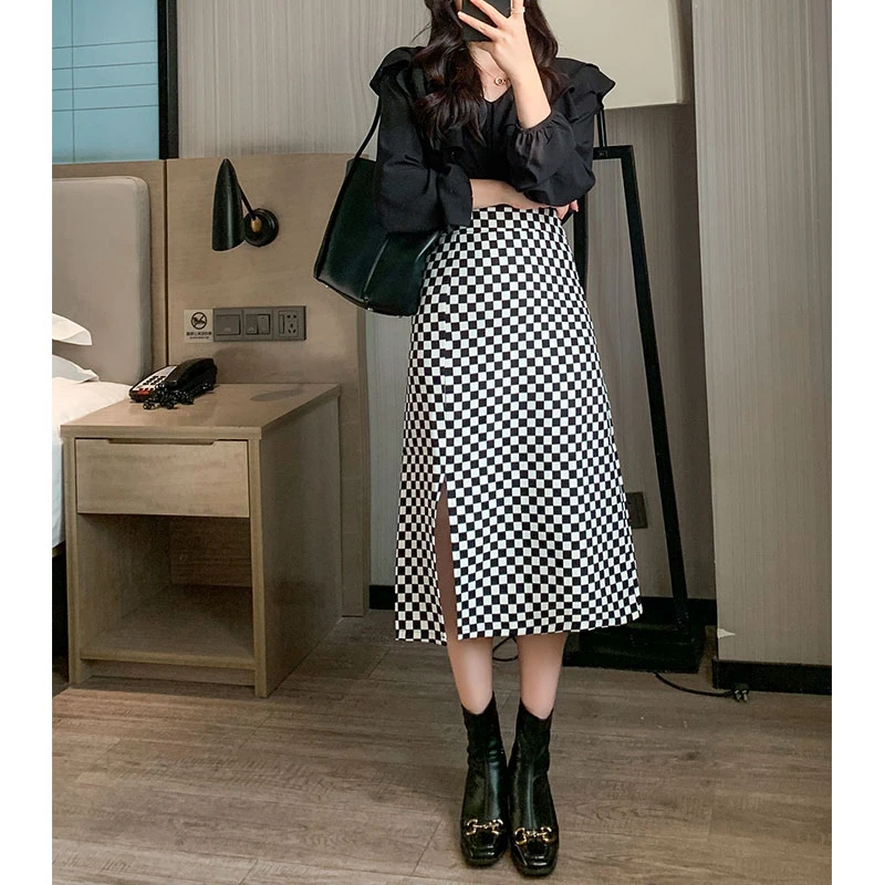 棋盘格黑白格子半身裙女秋冬新款韩版高腰开叉格纹中长款包臀裙潮