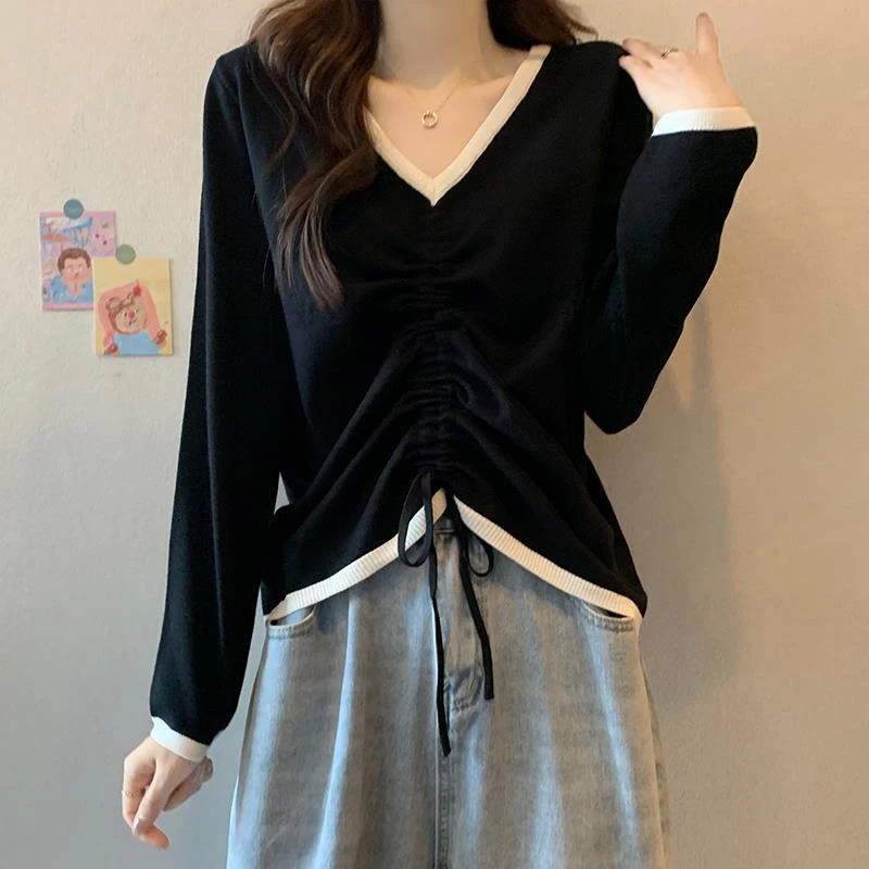 大码V领抽绳长袖针织打底衫女春秋新款胖妹妹遮肚子显瘦百搭上衣