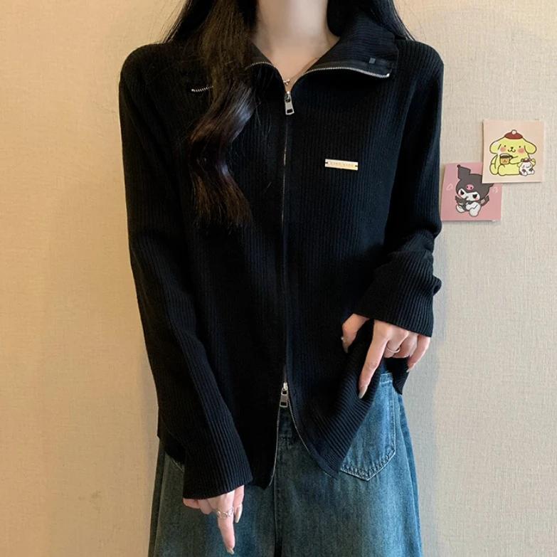 大码双拉链翻领长袖针织开衫女秋冬胖MM宽松显瘦百搭洋气毛衣外套