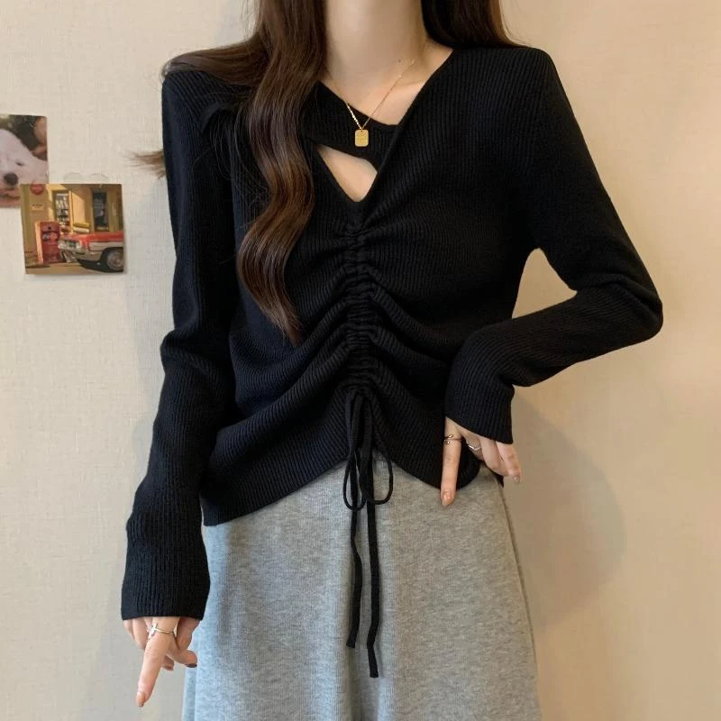大码抽绳V领针织打底衫女春秋新款胖妹妹遮肚子修身显瘦百搭上衣