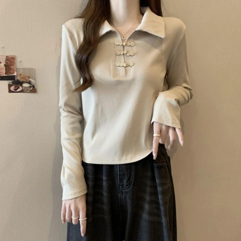 大码中式盘扣POLO领长袖T恤女春秋胖妹妹显瘦百搭正肩上衣打底衫