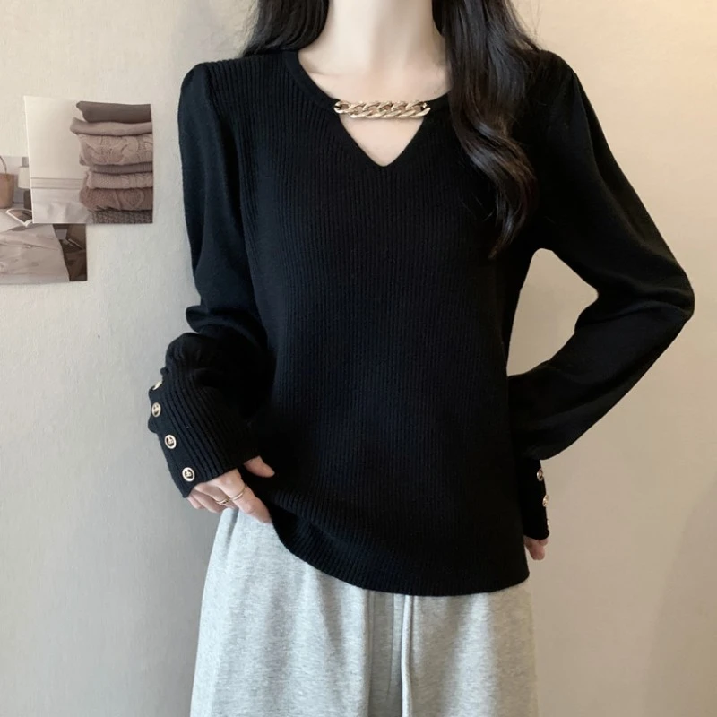 大码遮肚子链条V领长袖针织打底衫女春秋胖妹妹宽松显瘦百搭上衣
