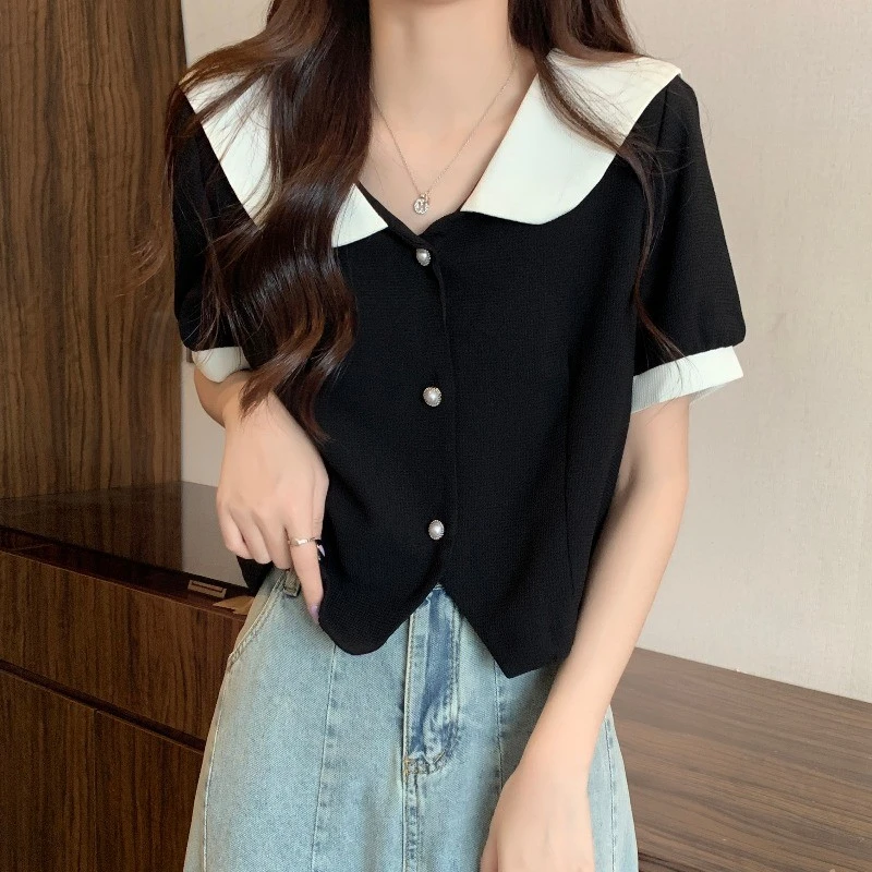 大码法式娃娃领短袖衬衫女夏季胖妹妹遮肚子显瘦气质撞色短款上衣