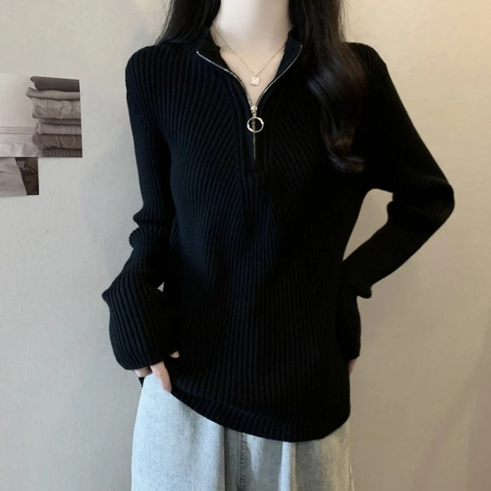 大码遮肚子半拉链针织打底衫女秋冬新款胖MM宽松显瘦百搭长袖上衣