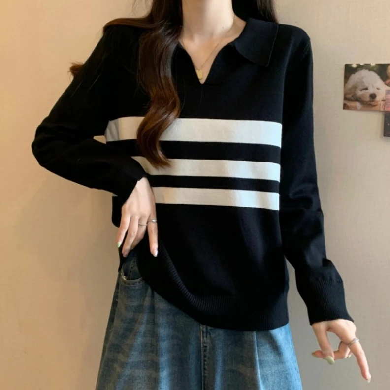 大码POLO领条纹长袖针织衫女春秋胖MM宽松显瘦百搭洋气打底毛上衣