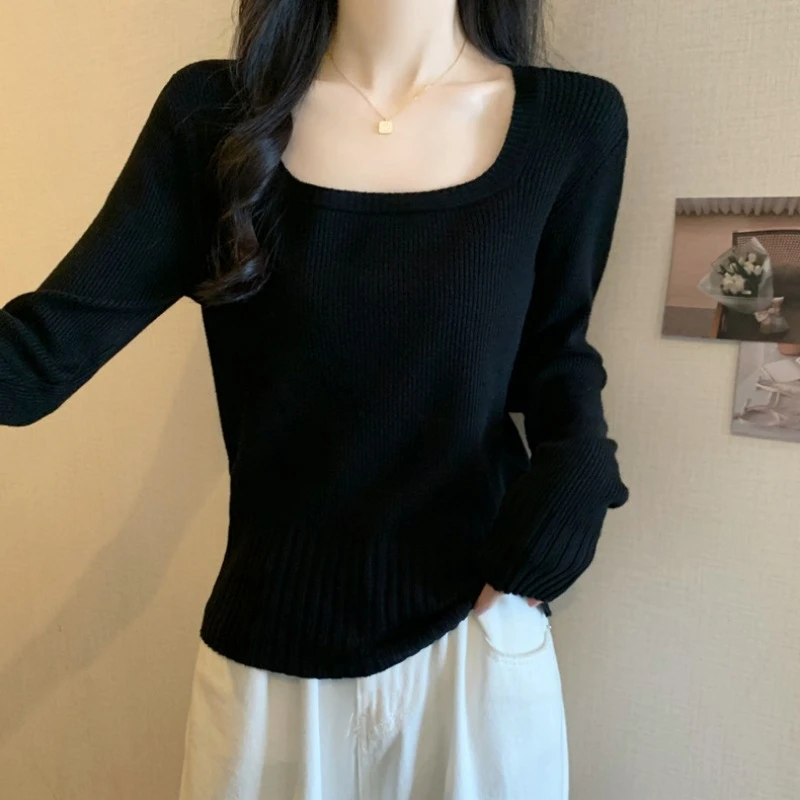 大码U领长袖针织打底衫女春秋薄款胖妹妹修身显瘦百搭洋气毛上衣