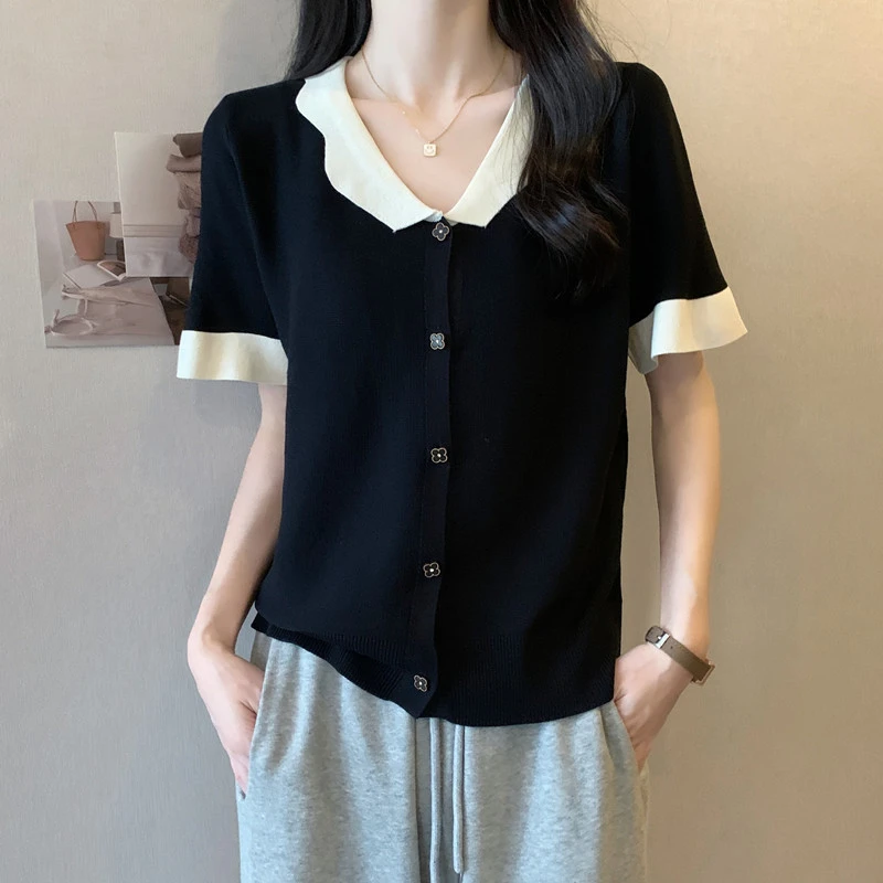 大码小香风V领短袖针织衫女夏季薄款胖M宽松显瘦百搭洋气冰丝上衣