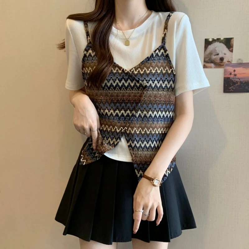 大码假两件正肩短袖T恤女夏季新款胖MM宽松显瘦百搭小众洋气上衣