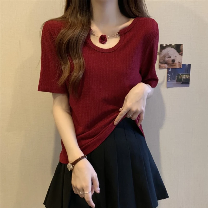 大码露锁骨链条正肩短袖T恤女夏季胖MM宽松显瘦百搭小众洋气上衣