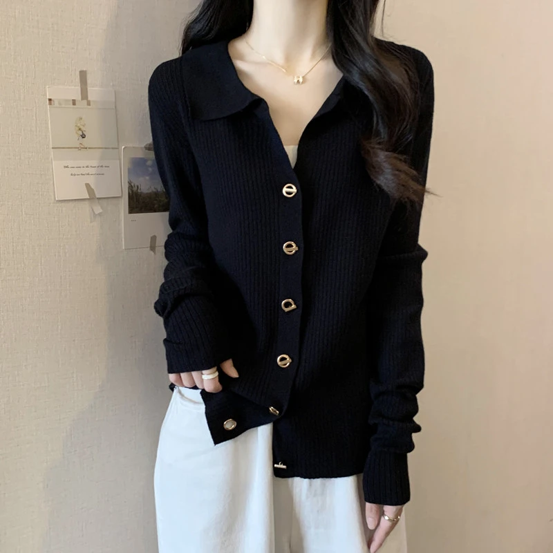 大码遮肚子翻领针织开衫女春秋新款微胖妹妹显瘦百搭长袖打底上衣