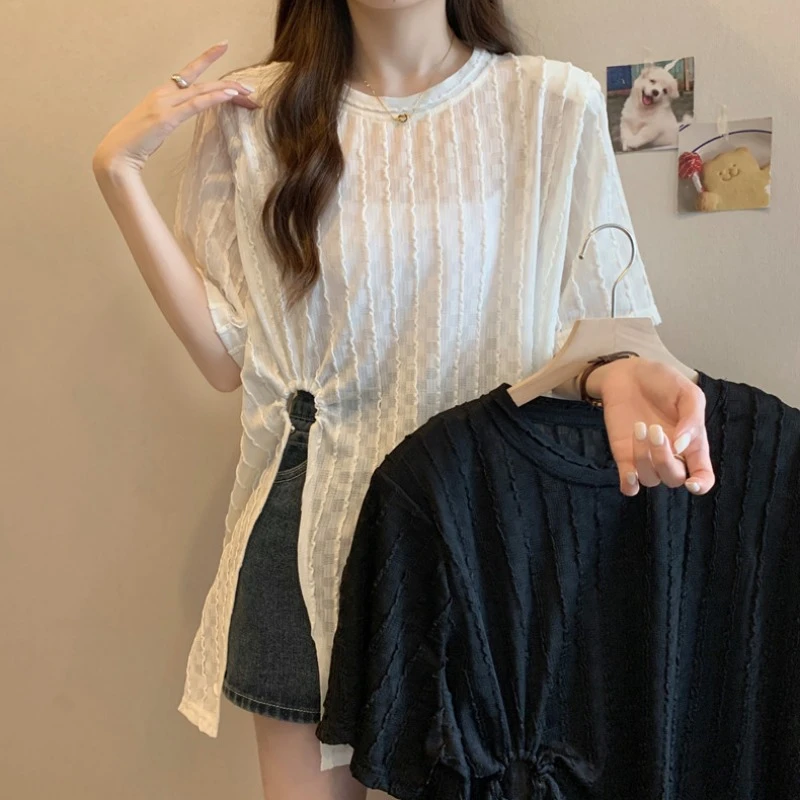 大码设计感镂空短袖T恤女夏季新款胖MM宽松显瘦百搭洋气正肩上衣