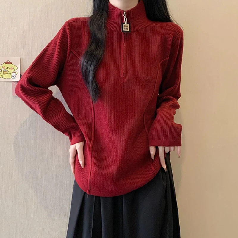 大码翻领拉链红色加厚毛衣女秋冬新款胖MM宽松显瘦百搭洋气针织衫